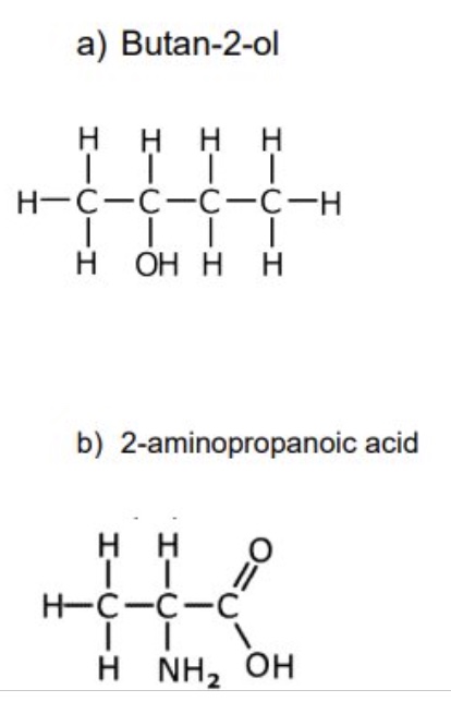 <p>for these two examples, identify the chiral carbon + draw 3D representations to show the optical isomers (enantiomers)</p>