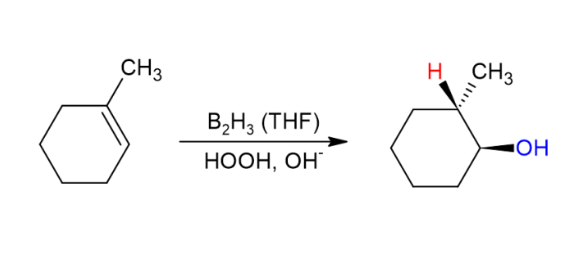 <p>anti Markovnikov regiochem, syn stereochem addition of an alcohol,</p><p>1) BH<sub>3</sub>, THF (syn addition of BH<sub>3</sub>)</p><p>2) H<sub>2</sub>O<sub>2</sub>, NaOH, H<sub>2</sub>O</p>