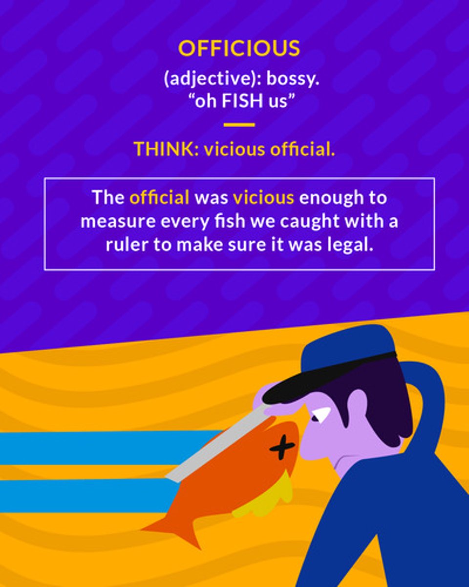 <p>meddling; excessively forward in offering services or assuming authority</p><p>(adj.) bossy</p>