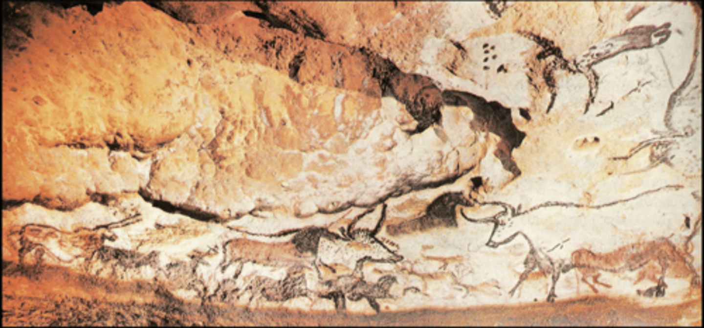 <p>15,000-13,000 BCE, paleolithic period, a rock painting, twisted perspective and composite pose, animals are painted in order, the dead ascending bird head man in the bottom, unknown, images are painted on, paleolithic cave art is found in places remote from daily life vs. neolithic art can be found closer to where ppl lived</p>