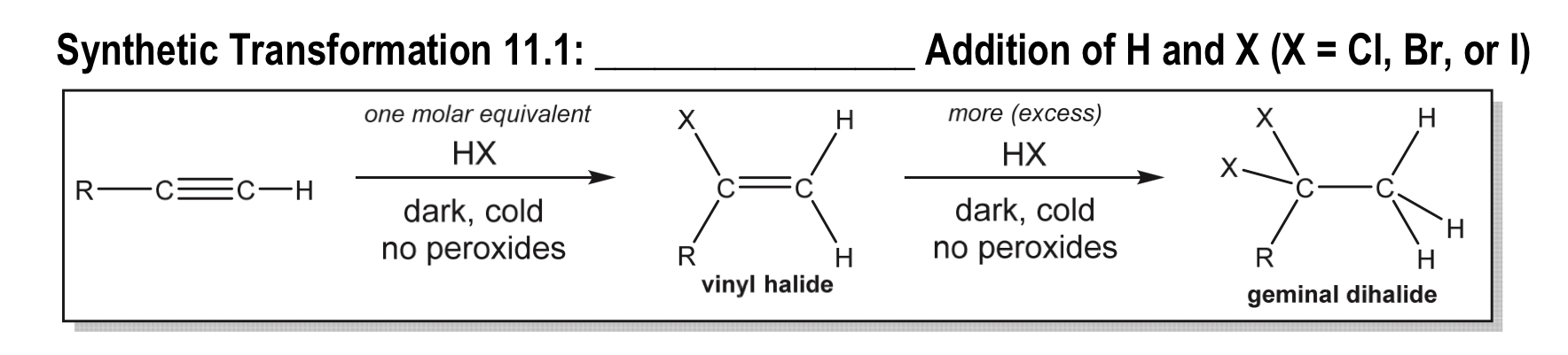 <ul><li><p>Markov addition of H and X to triple bond</p></li></ul><p></p>