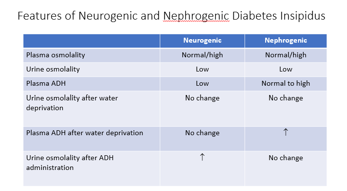 <p>Plasma ADH is the distinguishing factor:</p><ul><li><p><strong>Neurogenic = Plasma ADH is low</strong> (unregulated ADH)</p><ul><li><p><u>After water deprivation = no ADH change </u>(ADH isn’t responding the way it should)</p></li><li><p><strong>Urine osmolarity after ADH given = increases</strong> (kidneys are functioning)</p></li></ul></li><li><p><strong>Nephrogenic = Plasma ADH is normal/high</strong> (can’t respond to ADH)</p><ul><li><p><u>After water deprivation = ADH increases</u> as plasma osmolarity increases</p></li><li><p><strong>Urine osmolarity after ADH given = no change</strong> (can’t respond to the ADH, issue with receptors)</p></li></ul></li></ul><p></p>