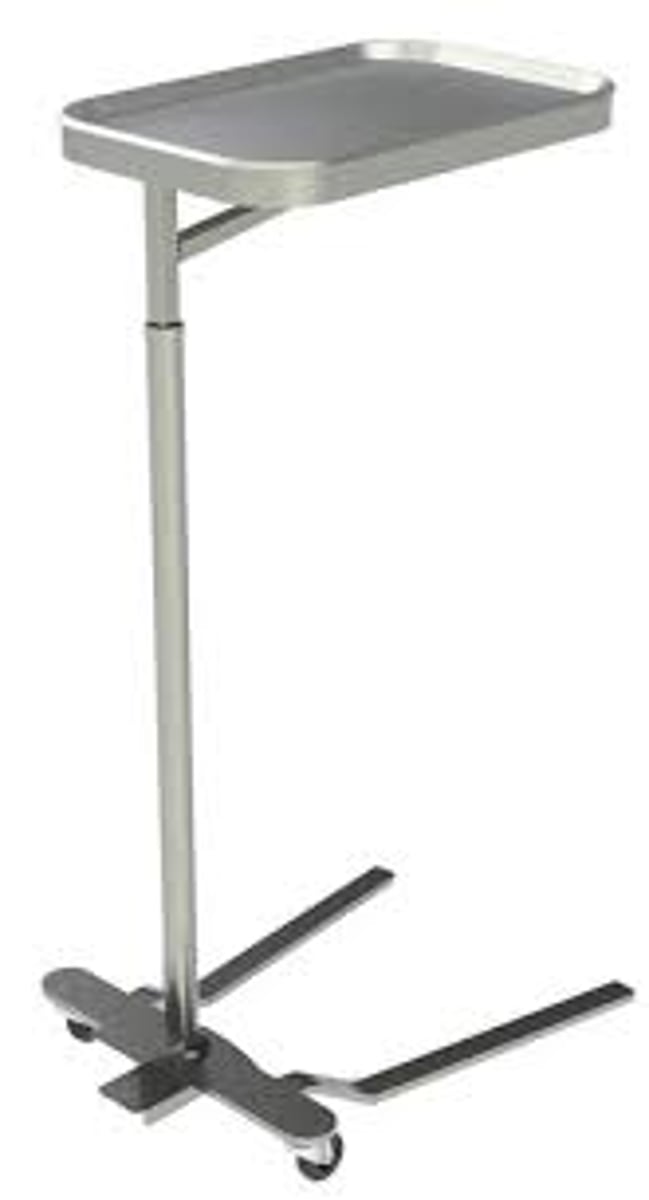 <p>a movable stainless steel instrument tray on a stand</p>