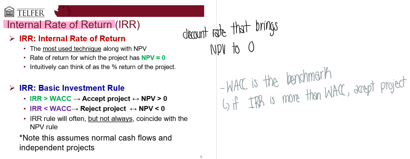 <p>The discount rate that brings NPV to 0</p><ul><li><p>the % return of the project</p></li></ul><p>Rules:</p><ul><li><p>WACC is the benchmark</p></li><li><p>IRR > WACC → accept project</p></li><li><p>IRR < WACC → reject project</p></li></ul><p></p>