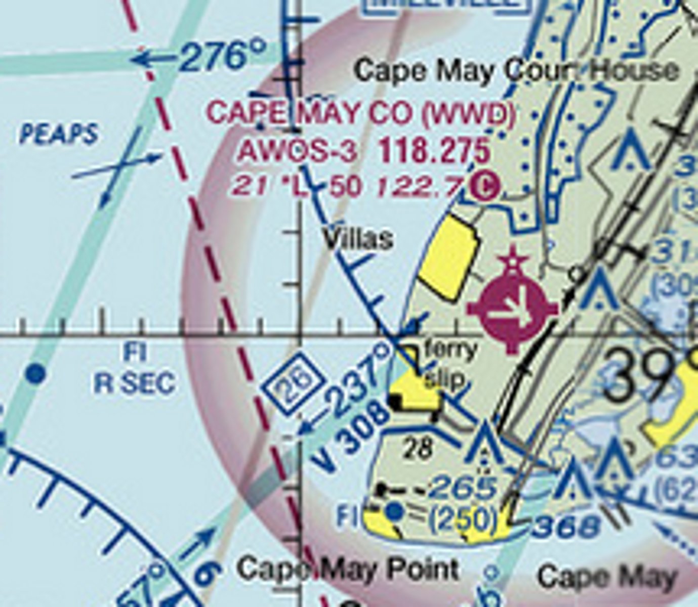 <p>Cape May County airfield is colored magenta to indicate it is a ____ airfield</p><p>[non-tower] / [tower-controlled]</p>