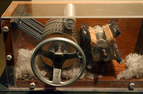 <p>a machine that quickly and easily separates the cotton fibers from the seeds; invented by Eli Whitney</p>