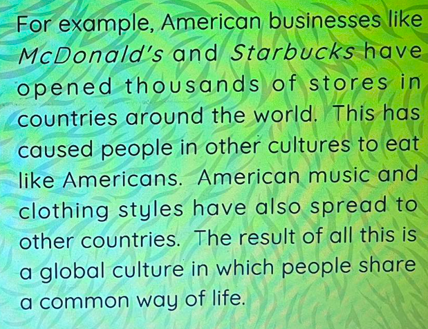 <ul><li><p>it refers to the gradual process by which all cultures become more and more alike</p></li><li><p>the result of a more rapid pace of cultural diffusion made possible by the internet and other forms of mass communication</p></li></ul><p></p>