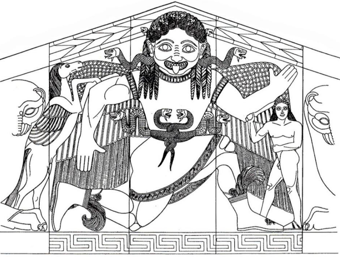 <p>What is the central narrative on the pediment?</p>