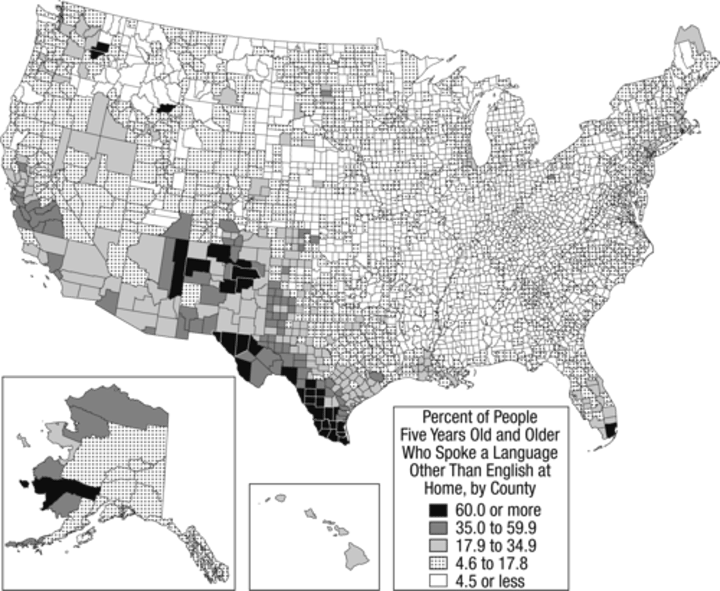 <p>Based on the map, which of the following languages are most likely to be spoken in counties where 60 percent or more of residents spoke a language other than English at home?</p>