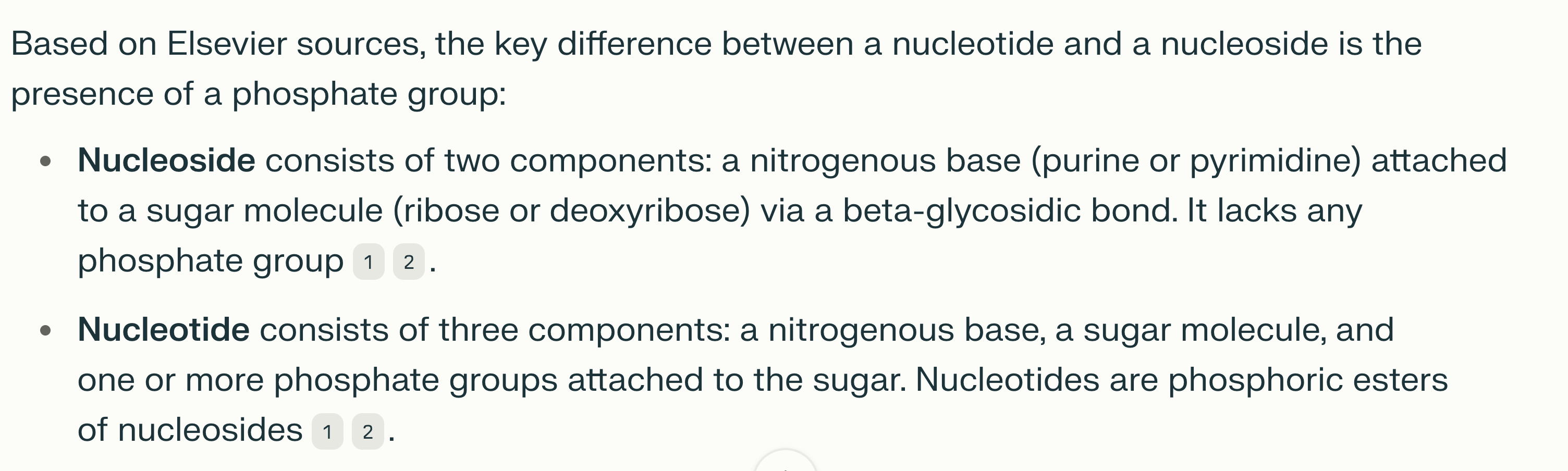 <p><strong>Cấu trúc nucleo</strong><span style="color: red"><strong>s</strong></span><strong>ide </strong><span style="color: red"><strong>khác</strong></span><strong> với nucleo</strong><span style="color: red"><strong>t</strong></span><strong>ide ở điểm nào sau đây ?</strong></p><p>A. Nucleoside có gắn thêm 2 nhóm phosphate </p><p>B. Nucleoside không có nhóm base nitrogen </p><p>C. Nucleoside không có nhóm pentose </p><p>D. Nucleoside chỉ có base nitơ và đường pentose</p>