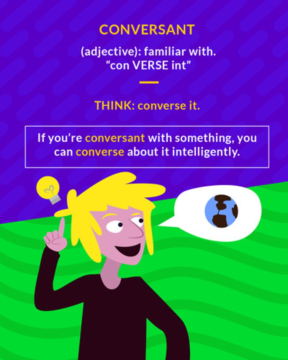 <p>(adj.) familiar with</p>