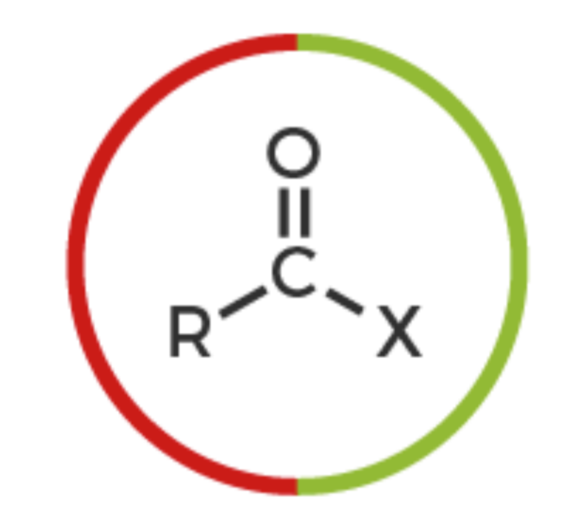 <p>Carbon w/ double bonded Oxygen and single bonded Halogen</p>