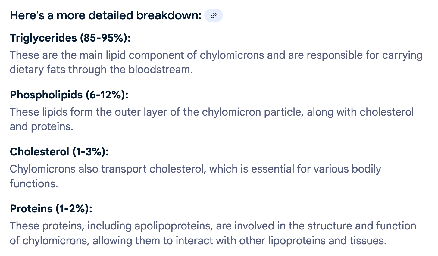<p><strong>Thành phần lipid nào sau đây có nhiều trong Chylomicron ?</strong></p><p>A. Triglyceride ngoại sinh</p><p>B. Cholesterol </p><p>C. Triglyceride nội sinh</p><p>D. Đáp án khác </p>