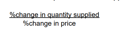 <p>percentage change in <strong>supply</strong>/percentage change in <strong>price</strong></p>