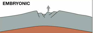 <p>EMBRYONIC </p><ul><li><p>crustal extension &amp; uplift</p></li><li><p>igneous (magma) activity with thinning of the lithosphere (divergence) </p><p>result: rift valleys &amp; normal faults </p><p>Ex: East Africa rift valley </p></li></ul><p></p>