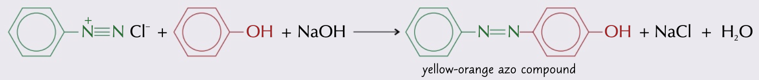 <ul><li><p>phenol dissolved in sodium hydroxide solution to make sodium phenoxide</p></li><li><p>added to ice and chilled benzenediazonium chloride/diazonium salt added</p></li><li><p>azo dye precipitates once its coupled</p></li></ul>