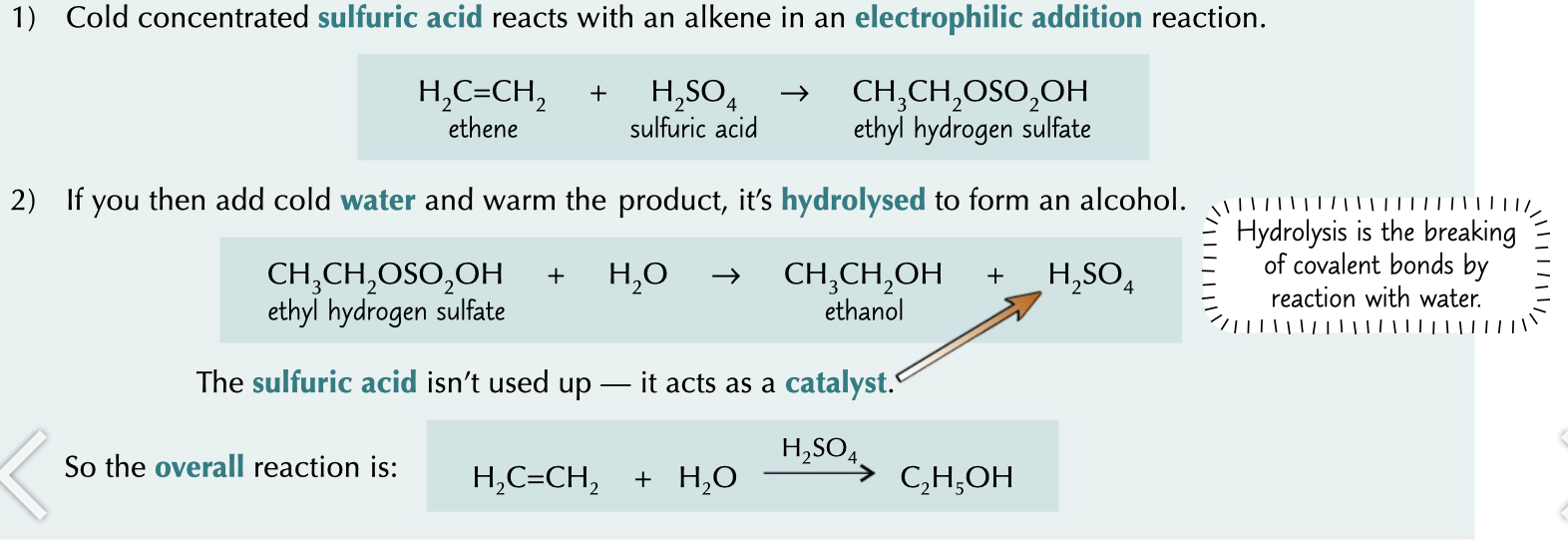 <ol><li><p>cold conc sulphuric acid reacts with an alkene in electrophilic addition reaction to make an intermediate</p><ol><li><p>add cold water and warm to hydrolyse in to product by removing the SO2  regenerating H2SO4</p></li></ol></li></ol>