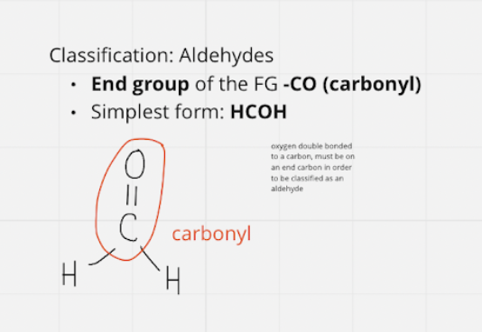 <ul><li><p>end group of fg -CO ~ carbonyl</p></li><li><p>simplest = HCOH</p></li></ul>