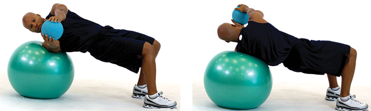 while bridging on a stability ball, perform trunk rotation

this exercise targets the internal and external obliques in addition to the gluteus maximus because it requires the participant to maintain a bridged position

the exercise can be performed with or without external load, such as using a medicine ball