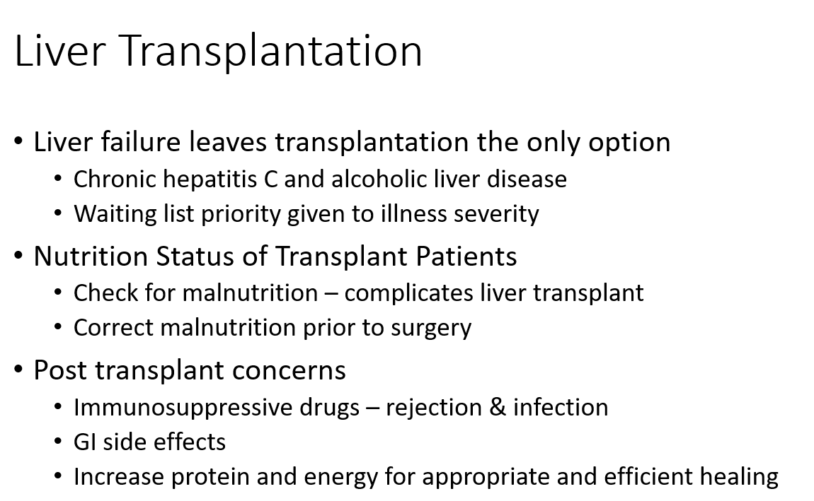 <p>They are needed in <strong>liver failure</strong>, often due to <strong>chronic hepatitis C</strong> or <strong>alcoholic liver disease</strong>.</p><p><br>Priority on the transplant <strong>waiting list</strong> is based on <strong>illness severity</strong>.</p>