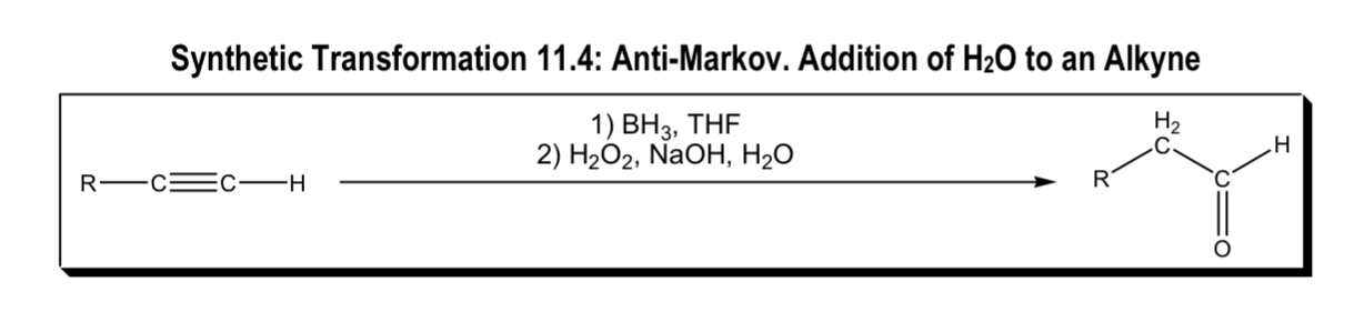 <ul><li><p>Anti-Markov addition of H<sub>2</sub>O to alkyne</p></li></ul><p></p>