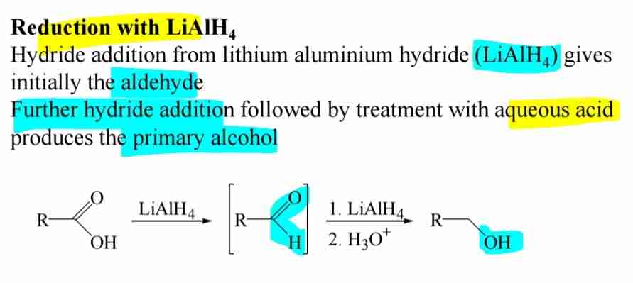 <p><span>Reduced by lithium aluminium hydride LiAlH4 to form primary alcohols.</span></p>