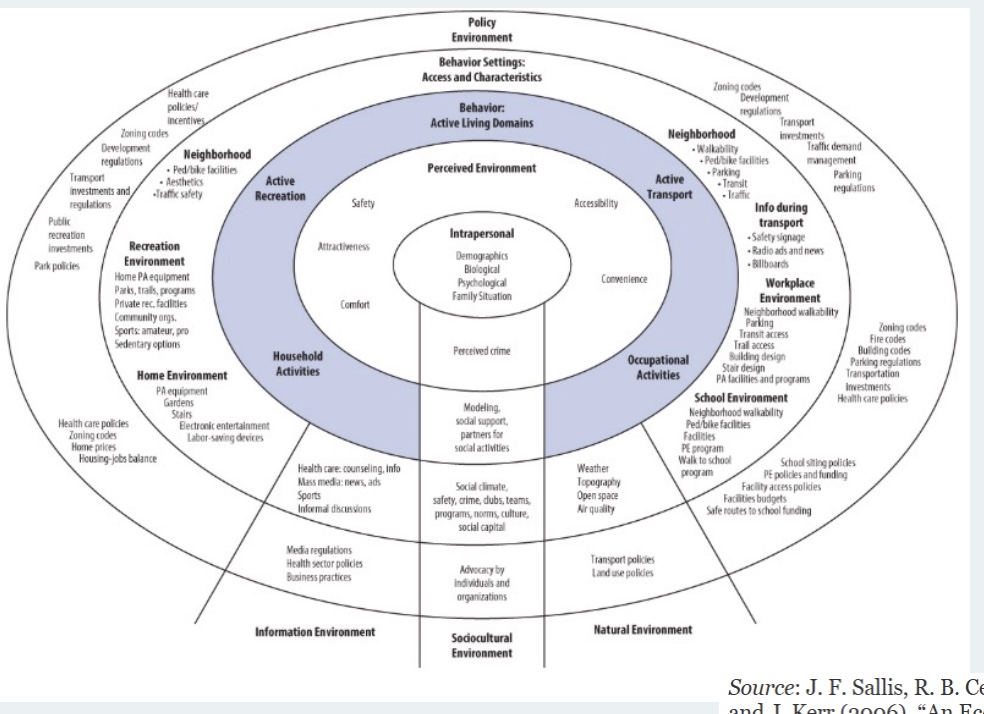 <p>-different types of activity</p><p>-relatively recent idea to focus beyond intrapersonal</p><p>-intrapersonal, envionrment, behavior domains, behavior settings, policy envionrment</p>