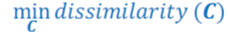 * Find a clustering structure 𝑪 of K clusters that minimizes the following objective (see image)
* Larger clusters with high variability are penalized more than smaller clusters with high variability
* Under squared Euclidean distance, minimizing 𝑑𝑖𝑠𝑠𝑖𝑚𝑖𝑙𝑎𝑟𝑖𝑡𝑦 𝑪 is equivalent to maximizing overall inter-cluster dissimilarity (will see this in detail later).