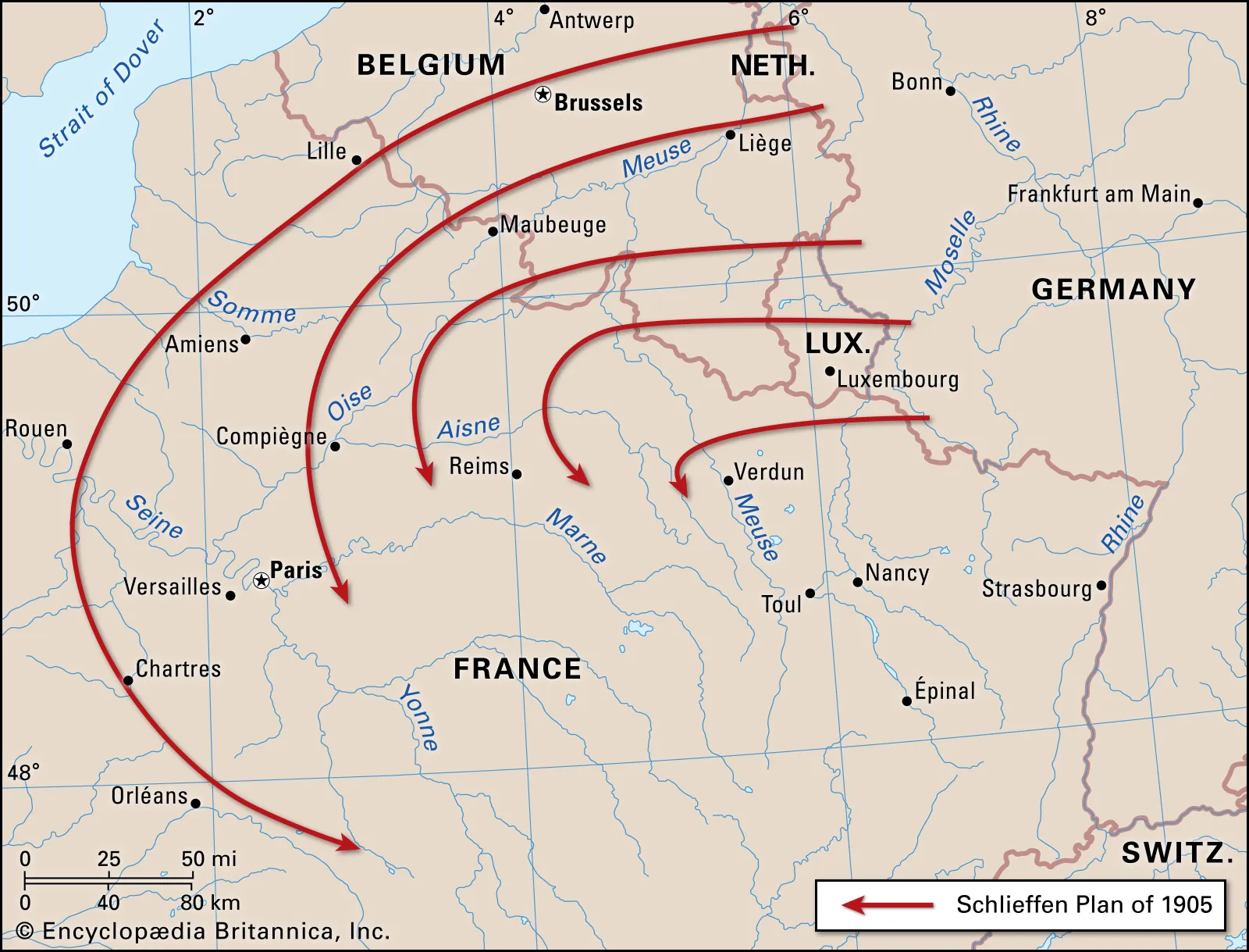 <p>Germany’s pre-WWI plan to quickly defeat France by sweeping through Belgium, encircling Paris, and then turning east to fight Russia. Relied on rapid movement and overwhelming force but failed due to logistical issues and strong Allied resistance.</p>