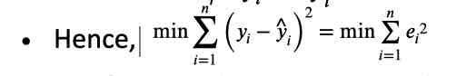 <ul><li><p>the error made using the regression model to estimate the mean value of the deoendent variable for the ith observation</p><ul><li><p>denoted as e<sub>i</sub> = y<sub>i</sub> - y^</p></li><li><p>we are finsing the regression that minimizes the sum of squared errors</p></li></ul></li></ul>