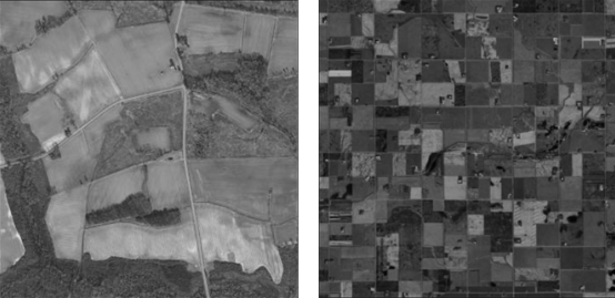 <p>Which of the following best explains the reasons for the similarities and differences between the two land survey systems shown?</p>