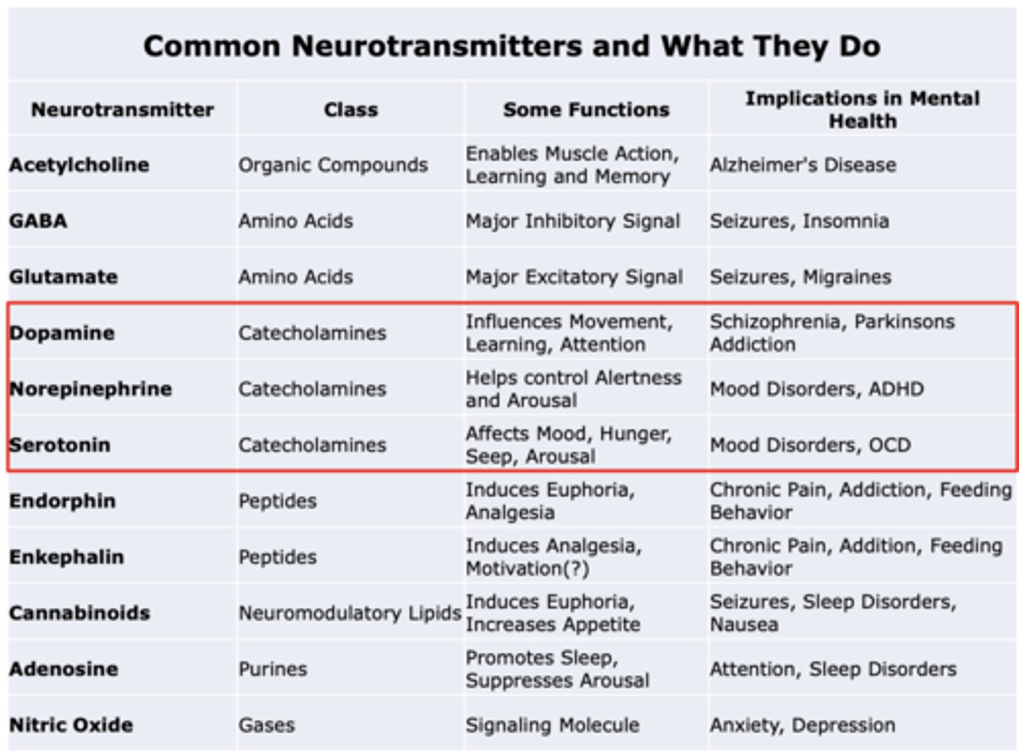 <p>Class: Catecholamines</p><p>Some functions: Affects Mood, Hunger, Seep, Arousal</p><p>Implications in mental health: Mood Disorders, OCD</p>