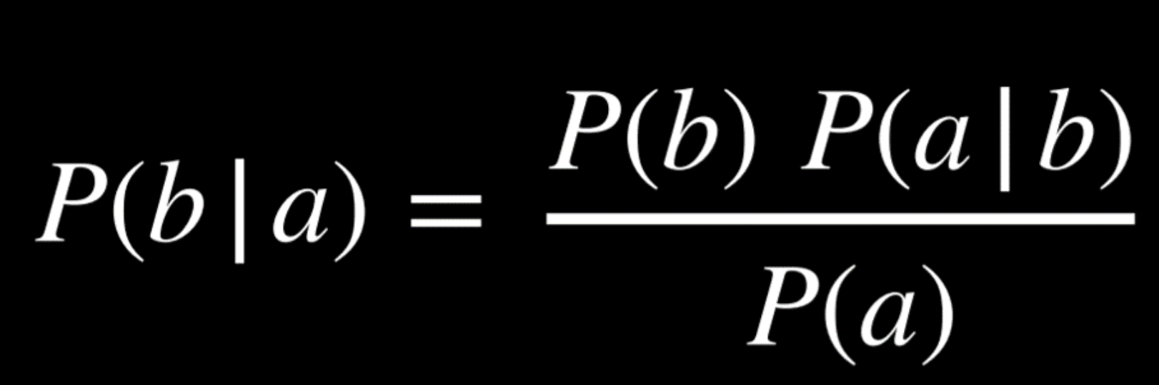<p><span>commonly used in probability theory to compute conditional probability; </span>says that the probability of <em>b</em> given <em>a</em> is equal to the probability of <em>a</em> given <em>b</em>, times the probability of <em>b</em>, divided by the probability of <em>a</em>.</p>