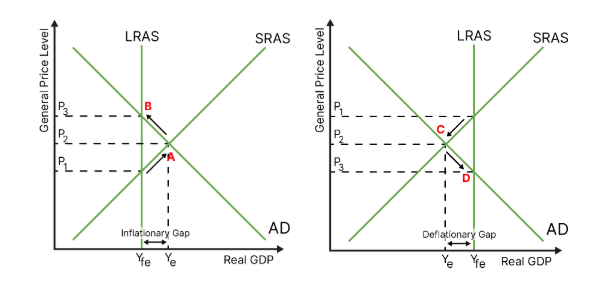 <ul><li><p>should an inflationary gap exist, production prices will increase as there is more demand for products than can be produced</p></li><li><p>this increases the costs of goods and services, raising the price level further, which decreases aggregate demand. equilibrium is restores, albeit at a higher general price level.</p></li><li><p>should a deflationary gap exist, production costs will decrease as there is more spare capacity in the economy</p></li><li><p>this decreases the cost of goods and services, decreasing price level further, which increases aggregate demand. equilibrium is restored, albeit at a lower general price level.</p></li></ul><p></p>