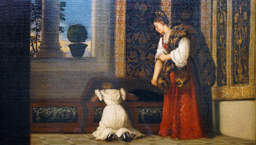 <p>Oil painting by the Italian painter Titian. Little dog representing fidelity. Girl rummaging dresser represents maternity omen.</p>