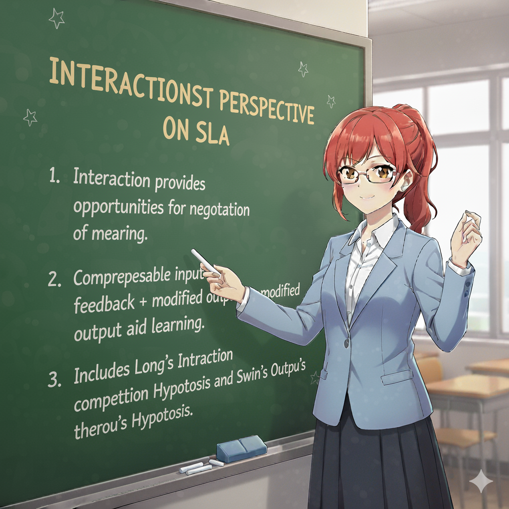 <ul><li><p>Interaction provides opportunities for negotiation of meaning.</p></li><li><p>Comprehensible input + feedback + modified output aid learning.</p></li><li><p>Includes Long’s Interaction Hypothesis and Swain’s Output Hypothesis.</p></li></ul><p></p>