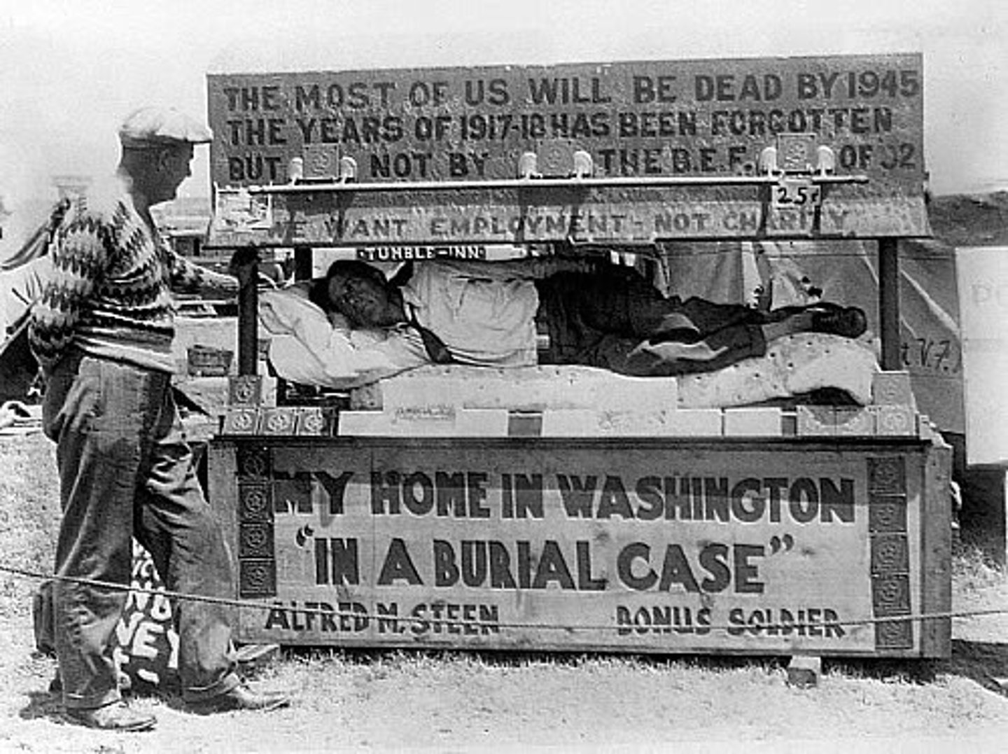<p>Informally known as the Bonus Army, this rag-tag group of twenty thousand veterans marched on Washington to demand immediate payment of bonuses earned during World War I. General Douglas MacArthur dispersed the veterans with tear gas and bayonets.</p>