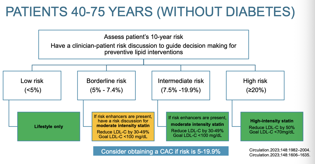 <ul><li><p><span>Yellow means to proceed with caution</span></p></li><li><p><span>Low risk: Lifestyle only</span></p></li><li><p><span>Borderline risk: lifestyle; most discussion with patient; possible moderate intensity statin; reduce LDL-C by 30-49% and goal LDL-C &lt;100 mg/dL; considering getting CAC score</span></p></li><li><p><span>Intermediate risk: same as borderline but more discussion in borderline</span></p></li><li><p><span>High risk: high intensity therapy; reduce LDL-C by 50%; Goal LDL-C &lt;70 mg/dL</span></p></li></ul><p></p>