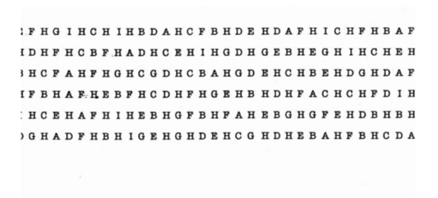 <p>- Evaluate the presence and severity of visual scanning deficits, and is used to evaluate unilateral spatial neglect</p><p>- Paper and Pencil Test; one 8.5″x11″ sheet of paper containing 6 lines with 52 letters per line</p><p>- Cancelling the letter "H"; misses from total available</p>