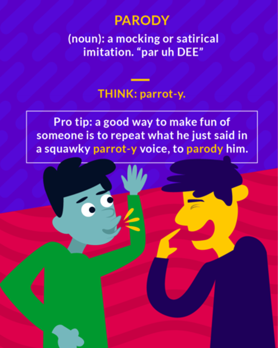 <p>a work which imitates another in a ridiculous manner</p><p>(noun) a mocking or satirical imitation</p>