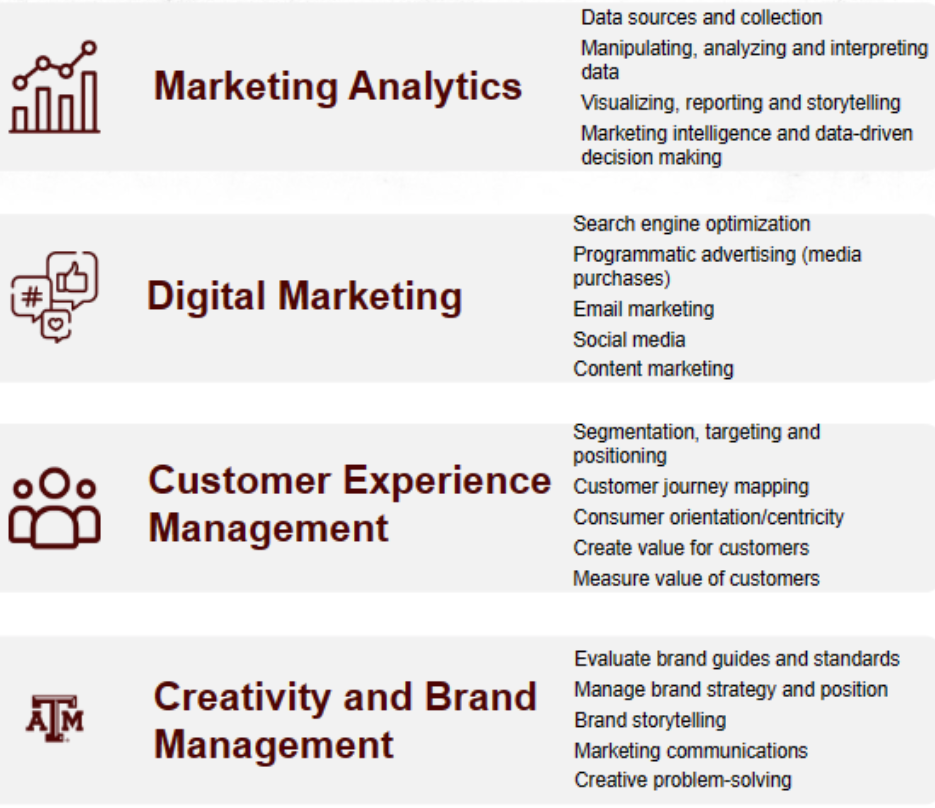 <p>-marketing analytics</p><p>-digital marketing</p><p>-customer experience management</p><p>-creativity and brand management</p>