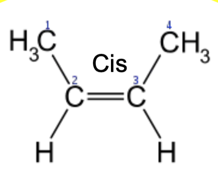 <ul><li><p>Occur naturally</p></li><li><p>Two H on the same side</p></li><li><p>Two non-H on the same side</p></li><li><p>Cis = same</p></li></ul>