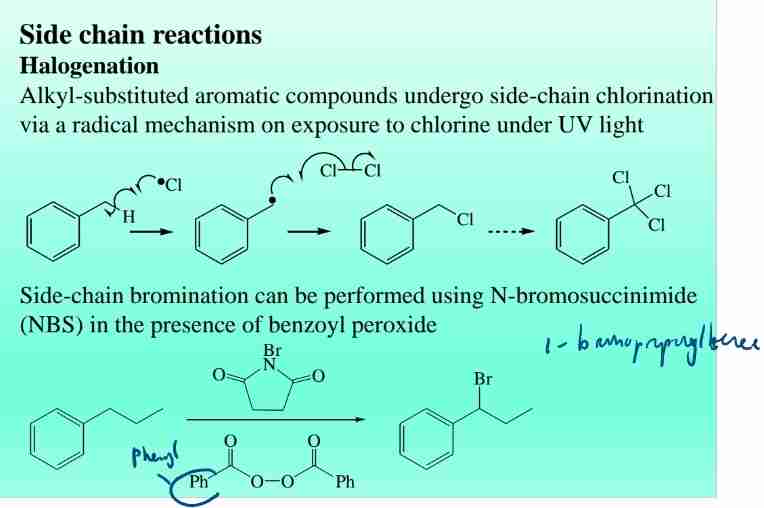 <p>- Halogenation: alkyl-substituted aromatic compounds undergo Side-Chain chlorination via radical mechanism when expose Cl under UV light</p><p>- Bromination: Using N-bromosuccinimide (NBS).</p>