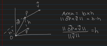 <p>Idea is to create a parallelogram where you can compute the area from a cross product. Then you can set it equal to the formula of base times height. Then divide by magnitude of the base vector to find height.</p>
