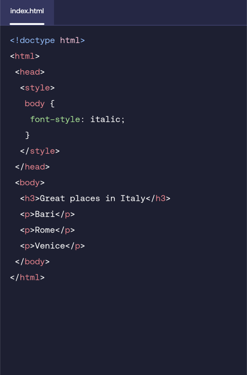 <p>&lt;style&gt;&lt;/style&gt;</p>