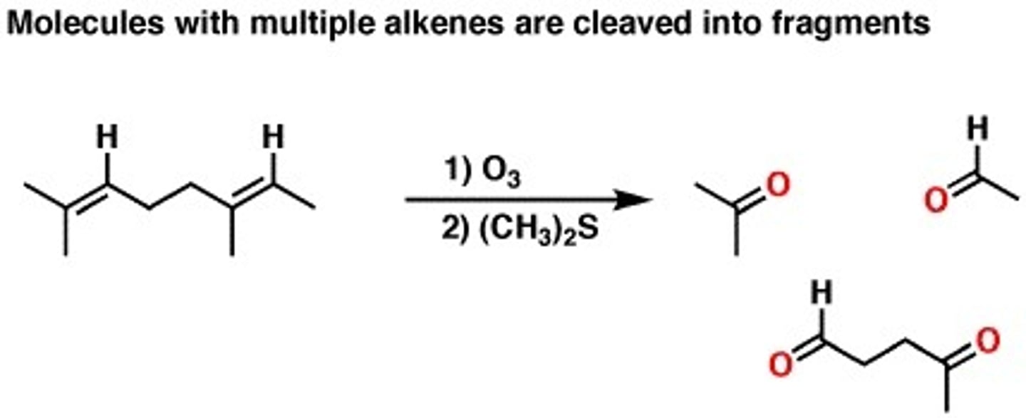 <p>1.ozonolyis (oxidation)</p><p>2. Oxidation stops at aldehyde or ketone depending on how substituted the double bond is.</p>