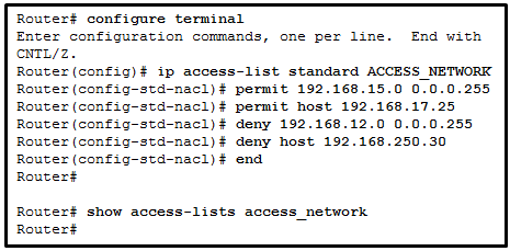<p>62. Refer to the exhibit. A network administrator configures a named ACL on the router. Why is there no output displayed when the show command is issued?</p><p>The ACL is not activated.</p><p>The ACL name is case sensitive.</p><p>The ACL has not been applied to an interface.</p><p>No packets have matched the ACL statements yet.</p>