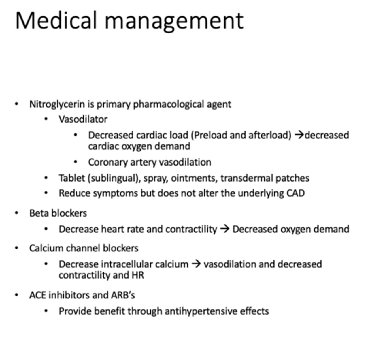 <p>Decrease intracellular calcium --> vasodilation and decreased contractility and HR</p>