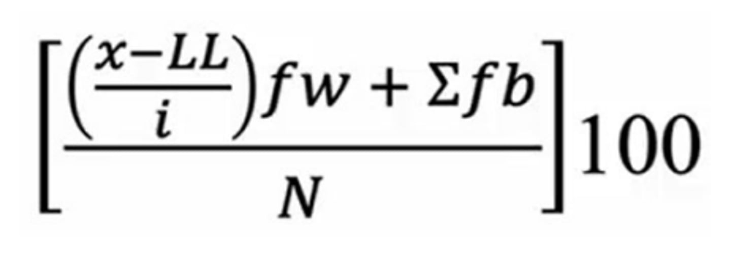 <p>• x = the score you are converting to percentile</p><p>• LL = lower limit of the class interval that contains the score</p><p>• i = the size of each class interval</p><p>• fw = the frequency of scores in the interval that contains the score</p><p>• ∑fb = sum of the scores below the interval</p><p>• N = number of scores in the data set</p>