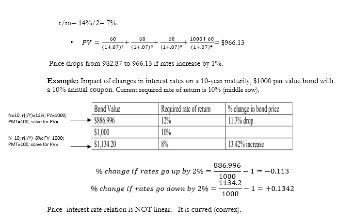 <p>KEY CONCEPT: Inverse relation between interest rates (r) &amp; security prices (P).  r, P </p><p>In the example above, what is the price of the bond if discount rate increases to 14%?</p><p>(i.e., what is the fair present value (PV) of a 2-year, $1000 par value bond; 12% coupon rate paid semiannually; with a required rate of return (r) of 14%?).</p><p></p>